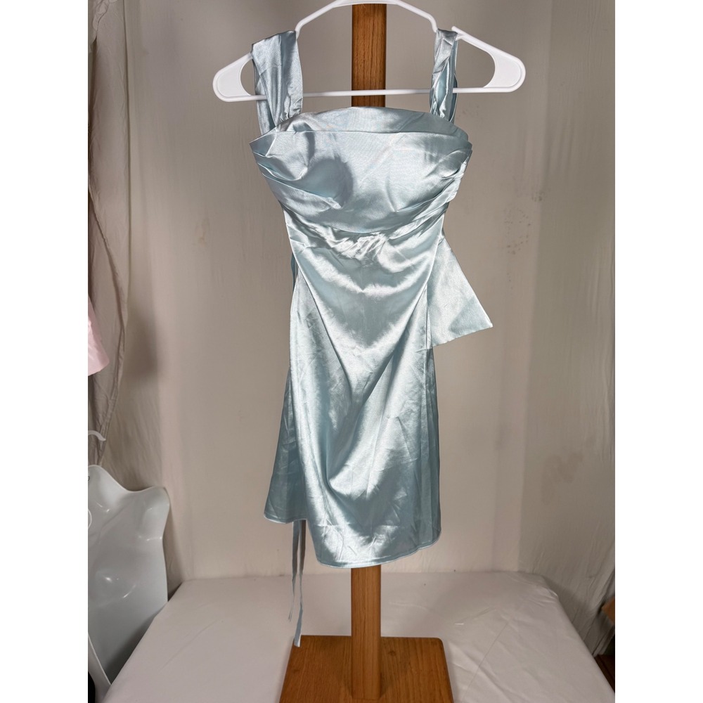 Light Blue Satin Ruched Mini Dress Lace Up Corset Back Cocktail Party Size 2